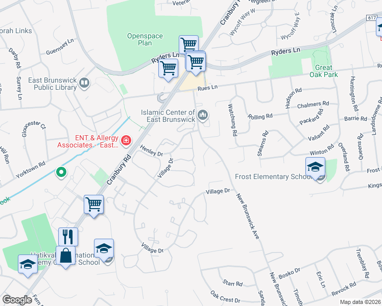 map of restaurants, bars, coffee shops, grocery stores, and more near 408 Danbury Lane in East Brunswick