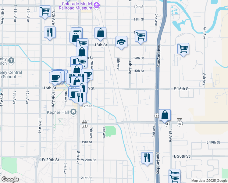 map of restaurants, bars, coffee shops, grocery stores, and more near 506 16th Street in Greeley