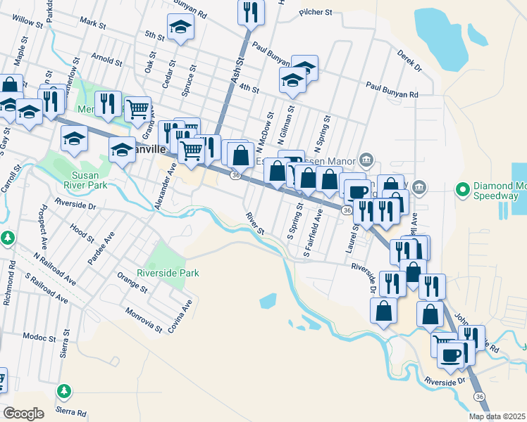 map of restaurants, bars, coffee shops, grocery stores, and more near 136 South Sacramento Street in Susanville