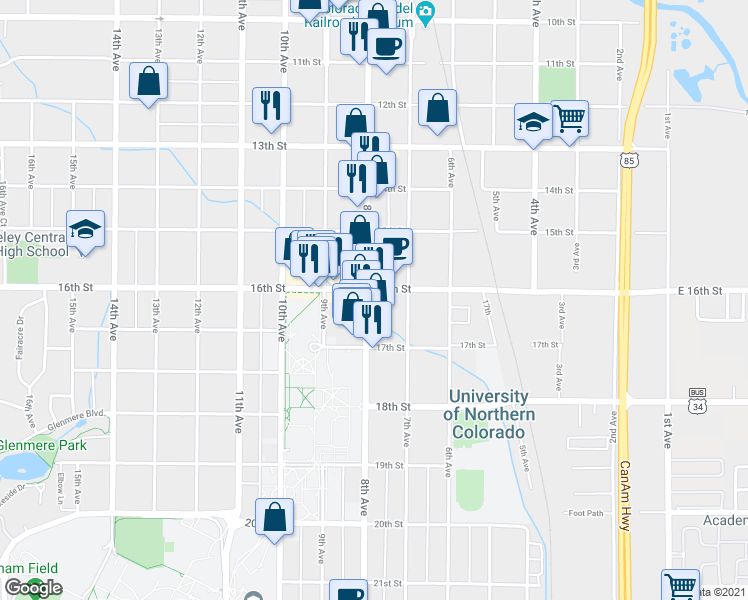 map of restaurants, bars, coffee shops, grocery stores, and more near 1619 8th Avenue in Greeley