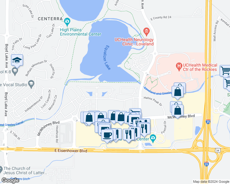 map of restaurants, bars, coffee shops, grocery stores, and more near 4955 Hahns Peak Drive in Loveland