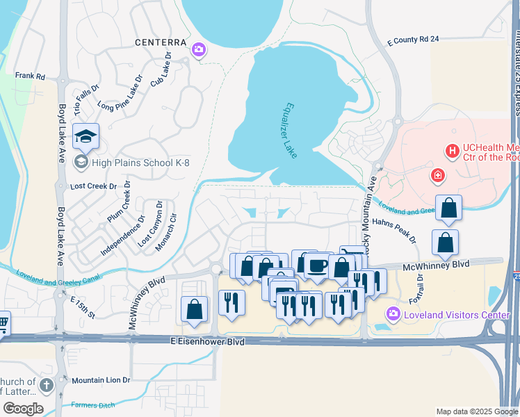 map of restaurants, bars, coffee shops, grocery stores, and more near in Loveland