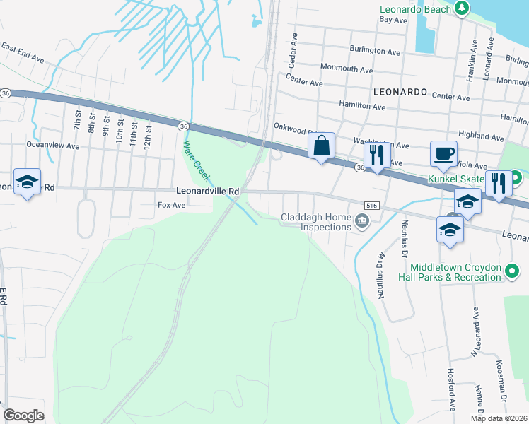 map of restaurants, bars, coffee shops, grocery stores, and more near 8 Glenwood Place in Leonardo