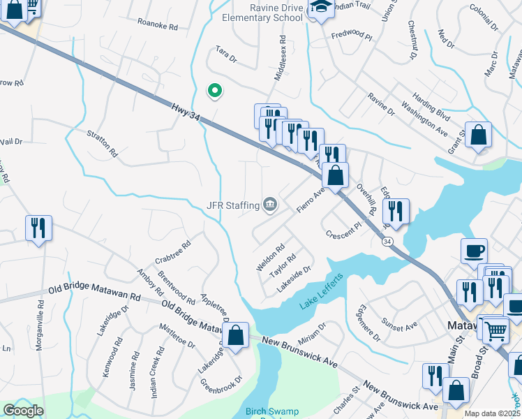 map of restaurants, bars, coffee shops, grocery stores, and more near 13 Annmar Drive in Matawan