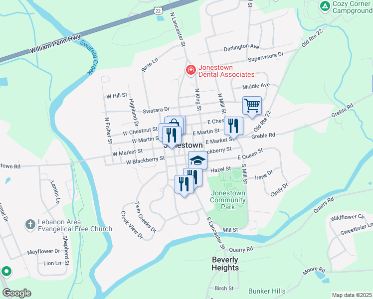 map of restaurants, bars, coffee shops, grocery stores, and more near 22 North Lancaster Street in Jonestown