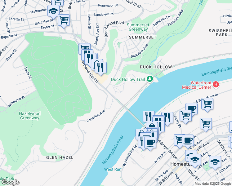 map of restaurants, bars, coffee shops, grocery stores, and more near 4724 Browns Hill Road in Pittsburgh