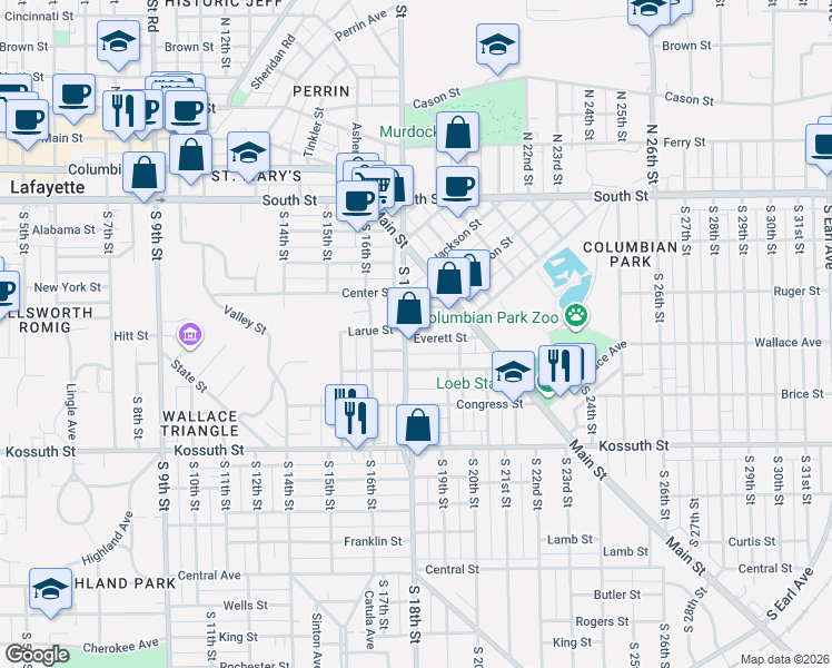 map of restaurants, bars, coffee shops, grocery stores, and more near 409 South 18th Street in Lafayette