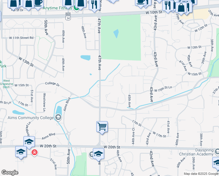 map of restaurants, bars, coffee shops, grocery stores, and more near 4558 Pioneer Lane in Greeley