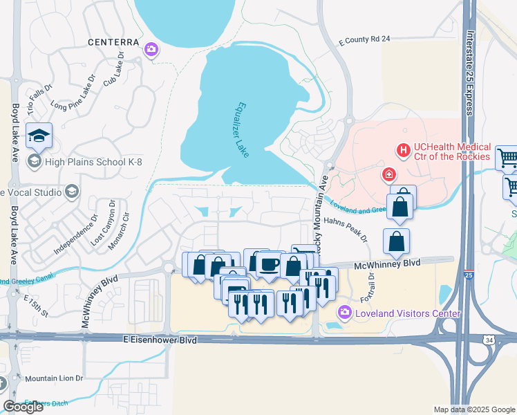 map of restaurants, bars, coffee shops, grocery stores, and more near 4945 Hahns Peak Drive in Loveland