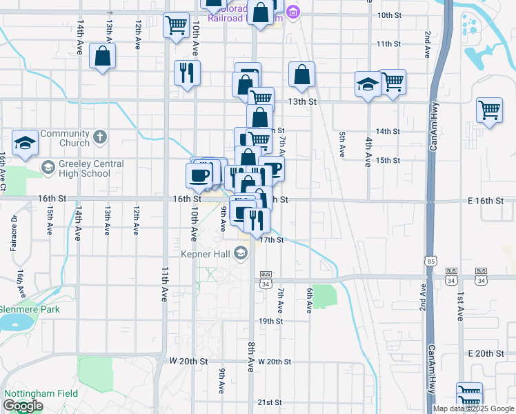 map of restaurants, bars, coffee shops, grocery stores, and more near 1604 8th Avenue in Greeley