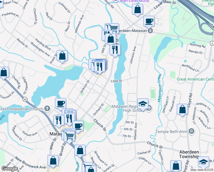 map of restaurants, bars, coffee shops, grocery stores, and more near 119 Broad Street in Matawan