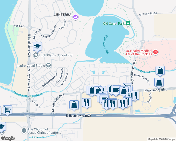 map of restaurants, bars, coffee shops, grocery stores, and more near 4615 Hahns Peak Drive in Loveland