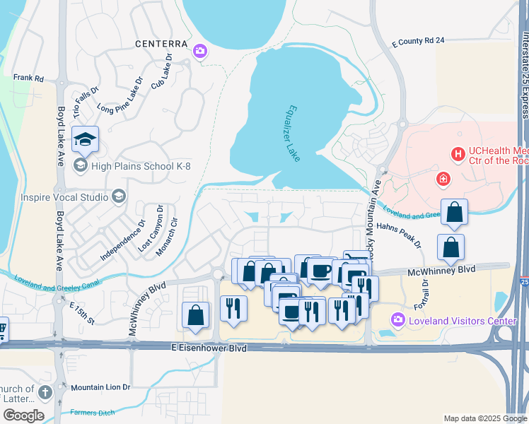 map of restaurants, bars, coffee shops, grocery stores, and more near in Loveland