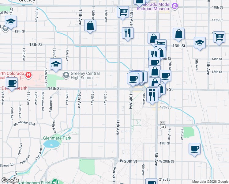 map of restaurants, bars, coffee shops, grocery stores, and more near 1617 11th Avenue in Greeley