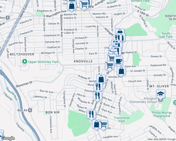 map of restaurants, bars, coffee shops, grocery stores, and more near 222 Mathews Avenue in Pittsburgh