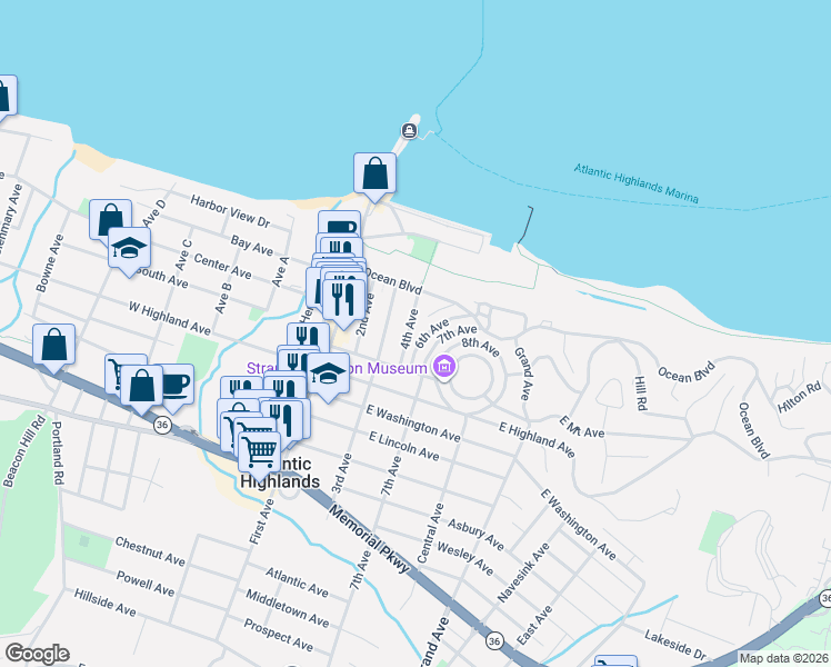 map of restaurants, bars, coffee shops, grocery stores, and more near 45 4th Avenue in Atlantic Highlands