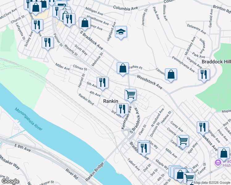 map of restaurants, bars, coffee shops, grocery stores, and more near 145 5th Avenue in Braddock