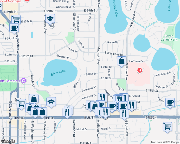map of restaurants, bars, coffee shops, grocery stores, and more near 1208 East 20th Street in Loveland