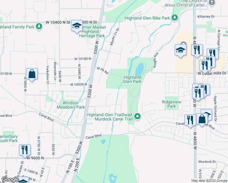 map of restaurants, bars, coffee shops, grocery stores, and more near 9999 North 5325 West Street in Highland