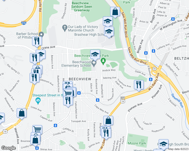 map of restaurants, bars, coffee shops, grocery stores, and more near 1322 Rockland Avenue in Pittsburgh