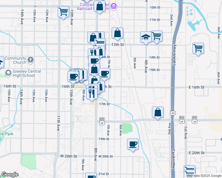 map of restaurants, bars, coffee shops, grocery stores, and more near 1619 7th Avenue in Greeley