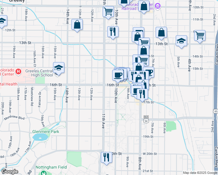 map of restaurants, bars, coffee shops, grocery stores, and more near 1617- 5 10th Avenue in Greeley