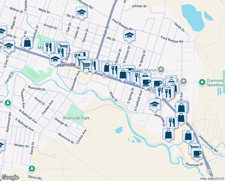 map of restaurants, bars, coffee shops, grocery stores, and more near 148 South Gilman Street in Susanville