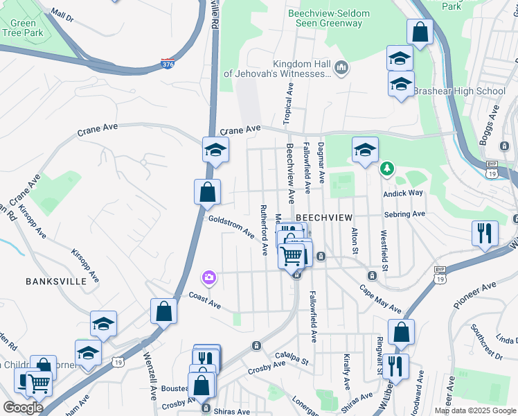 map of restaurants, bars, coffee shops, grocery stores, and more near 1429 Rutherford Avenue in Pittsburgh