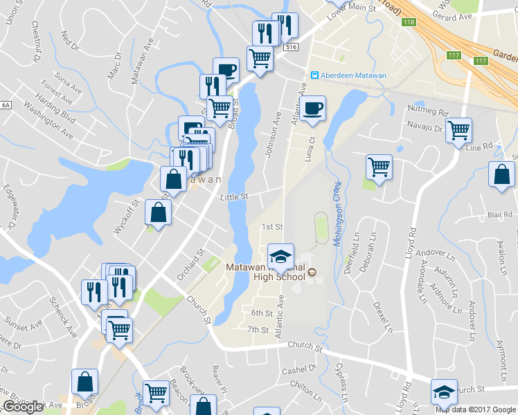 map of restaurants, bars, coffee shops, grocery stores, and more near 66 Johnson Avenue in Matawan