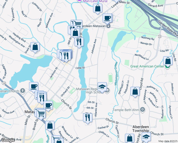 map of restaurants, bars, coffee shops, grocery stores, and more near 66 Johnson Avenue in Matawan