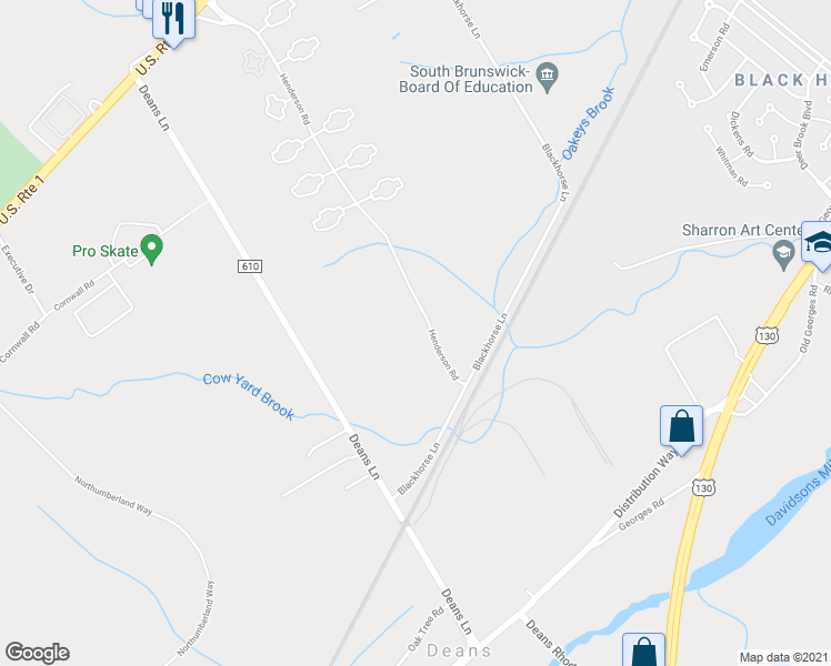 map of restaurants, bars, coffee shops, grocery stores, and more near 221 Henderson Road in South Brunswick Township