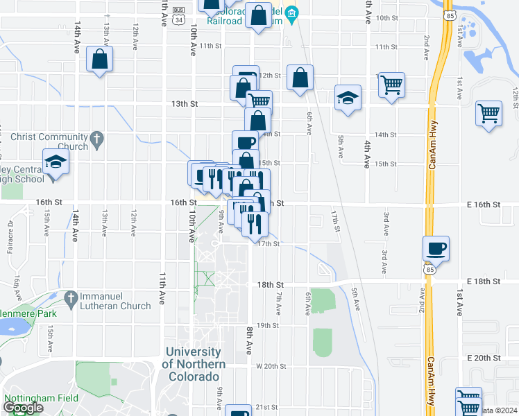 map of restaurants, bars, coffee shops, grocery stores, and more near 724 16th Street in Greeley