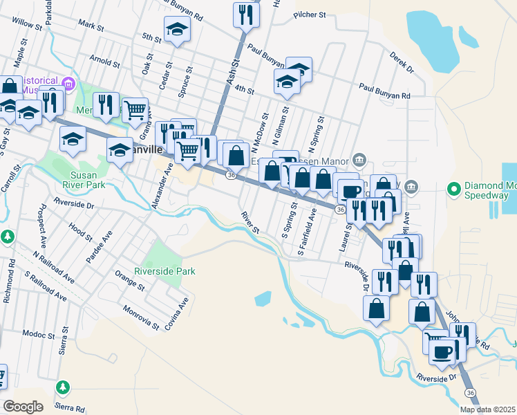 map of restaurants, bars, coffee shops, grocery stores, and more near 136 South Sacramento Street in Susanville