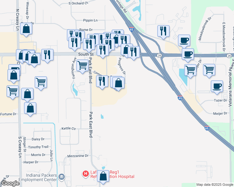map of restaurants, bars, coffee shops, grocery stores, and more near 4315 Commerce Drive in Lafayette