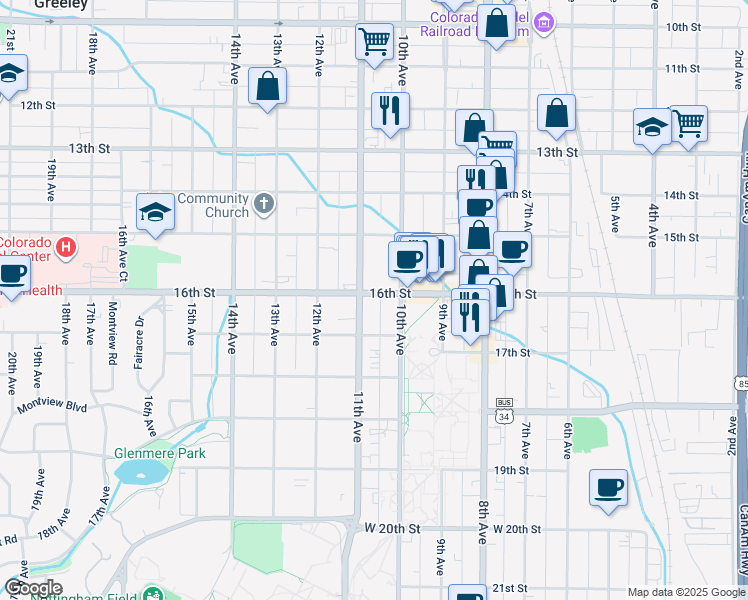 map of restaurants, bars, coffee shops, grocery stores, and more near 1020 16th Street in Greeley