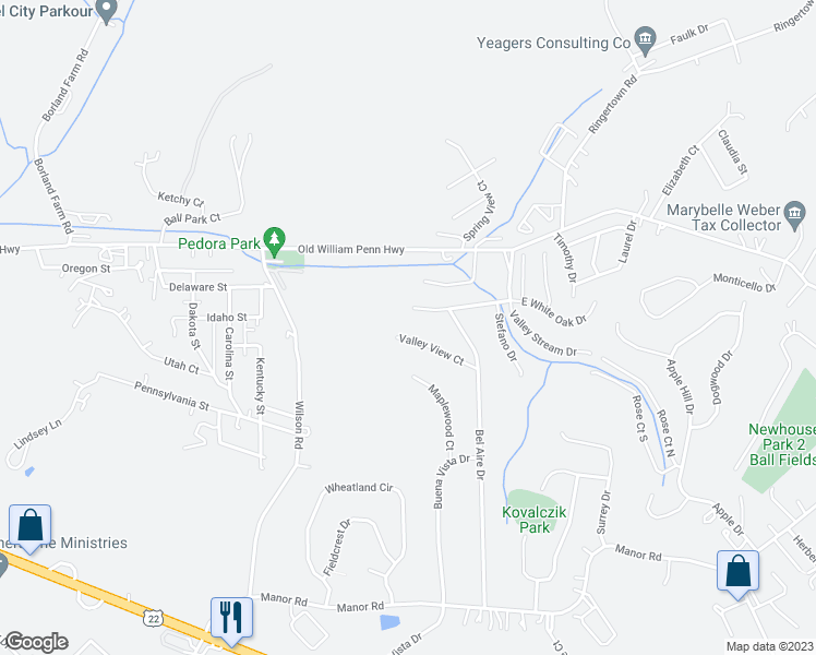 map of restaurants, bars, coffee shops, grocery stores, and more near 15 Valley View Court in Delmont