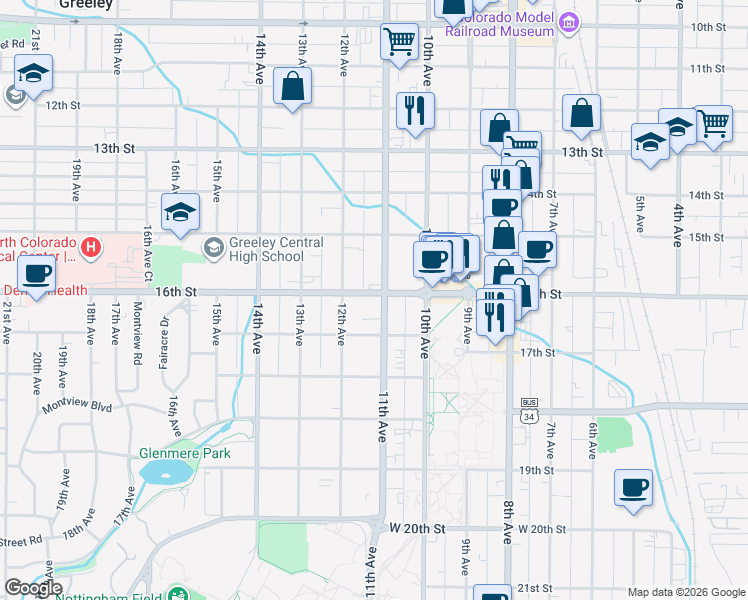 map of restaurants, bars, coffee shops, grocery stores, and more near 1617 11th Avenue in Greeley