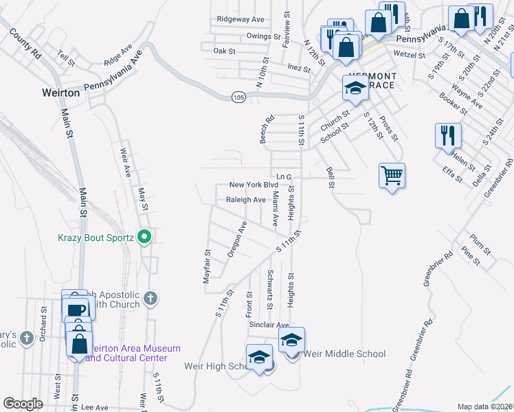 map of restaurants, bars, coffee shops, grocery stores, and more near 233 Emerson Avenue in Weirton