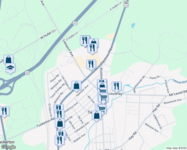 map of restaurants, bars, coffee shops, grocery stores, and more near 5205 Leesport Avenue in Temple