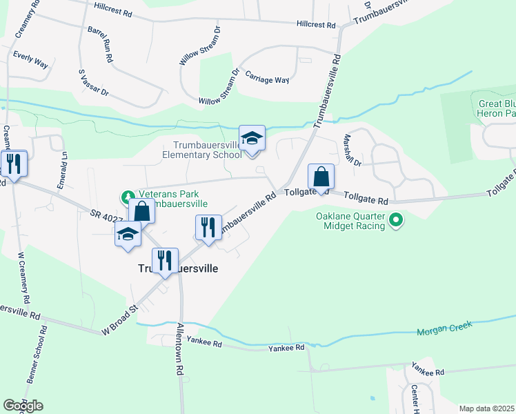 map of restaurants, bars, coffee shops, grocery stores, and more near 239 Trumbauersville Road in Quakertown