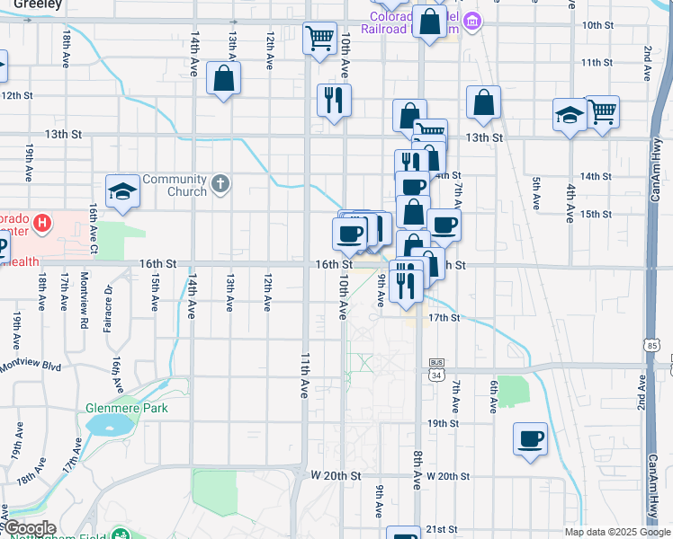 map of restaurants, bars, coffee shops, grocery stores, and more near 1617- 5 10th Avenue in Greeley