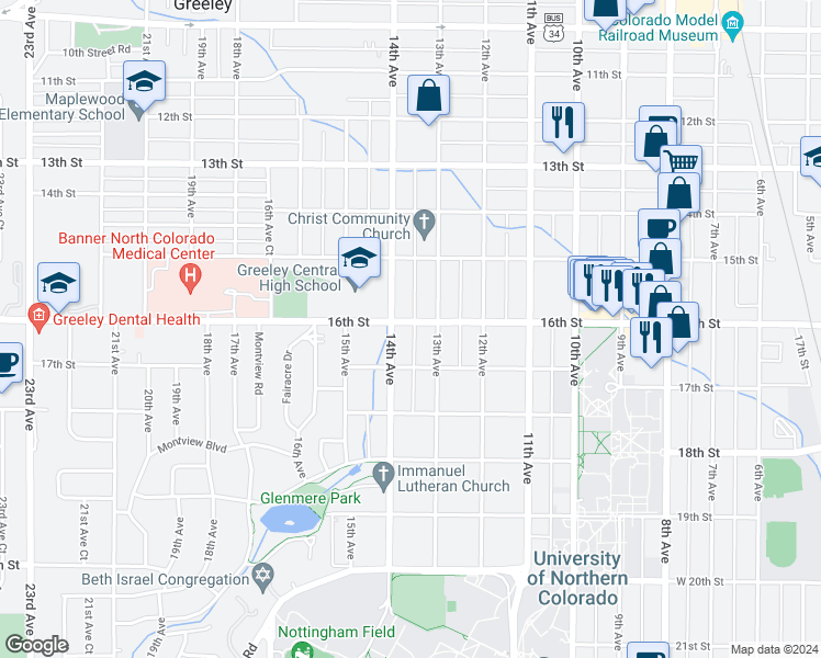 map of restaurants, bars, coffee shops, grocery stores, and more near 1616 14th Avenue in Greeley