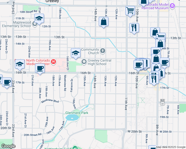 map of restaurants, bars, coffee shops, grocery stores, and more near 1616 14th Avenue in Greeley