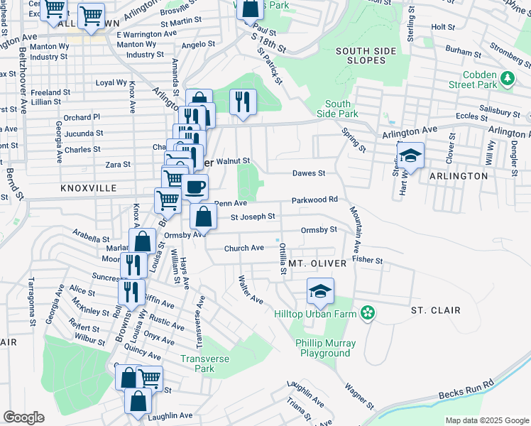 map of restaurants, bars, coffee shops, grocery stores, and more near 192 Ormsby Avenue in Pittsburgh