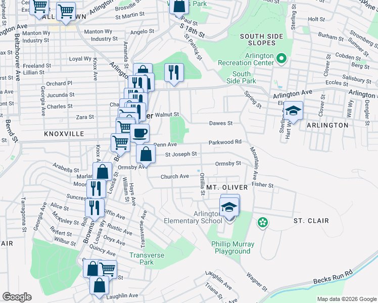 map of restaurants, bars, coffee shops, grocery stores, and more near 192 Ormsby Avenue in Pittsburgh
