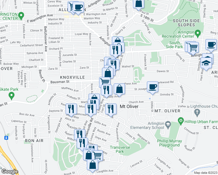 map of restaurants, bars, coffee shops, grocery stores, and more near 324 Hays Avenue in Pittsburgh