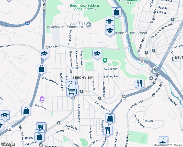 map of restaurants, bars, coffee shops, grocery stores, and more near 1401 Kenberma Avenue in Pittsburgh