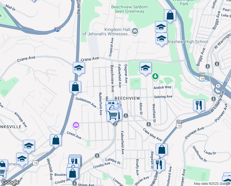 map of restaurants, bars, coffee shops, grocery stores, and more near 1428 Beechview Avenue in Pittsburgh