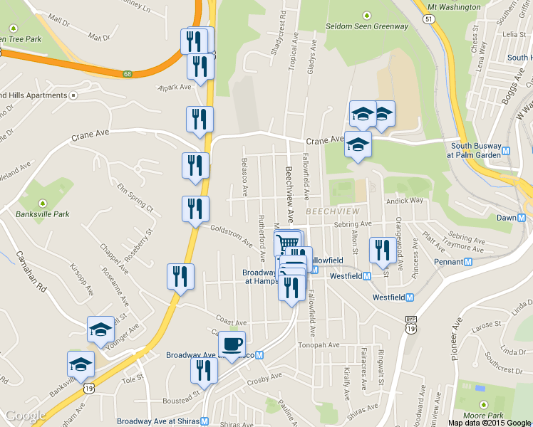 map of restaurants, bars, coffee shops, grocery stores, and more near 1429 Rutherford Avenue in Pittsburgh