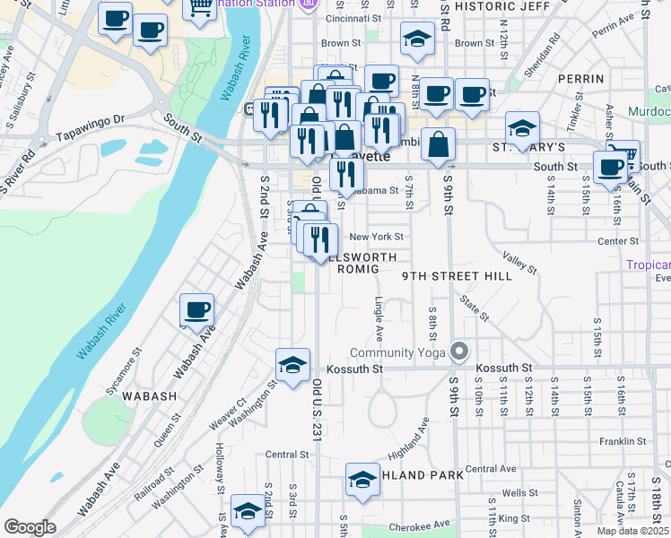 map of restaurants, bars, coffee shops, grocery stores, and more near 424 South 5th Street in Lafayette